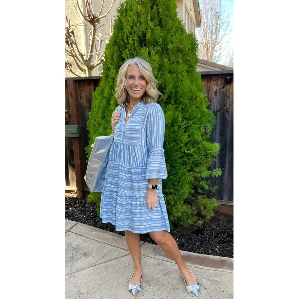 Avara Women Preppy Dress Medium Blue Striped Tiered Ruffle Metallic Lurex Boho